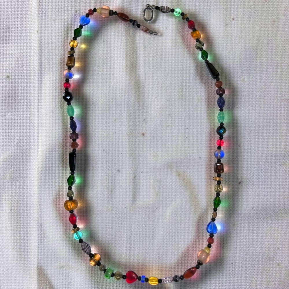Vintage Multicolor Mixed Art Glass Bead Necklace 29in Harlequin Long Strand - Picture 2 of 15